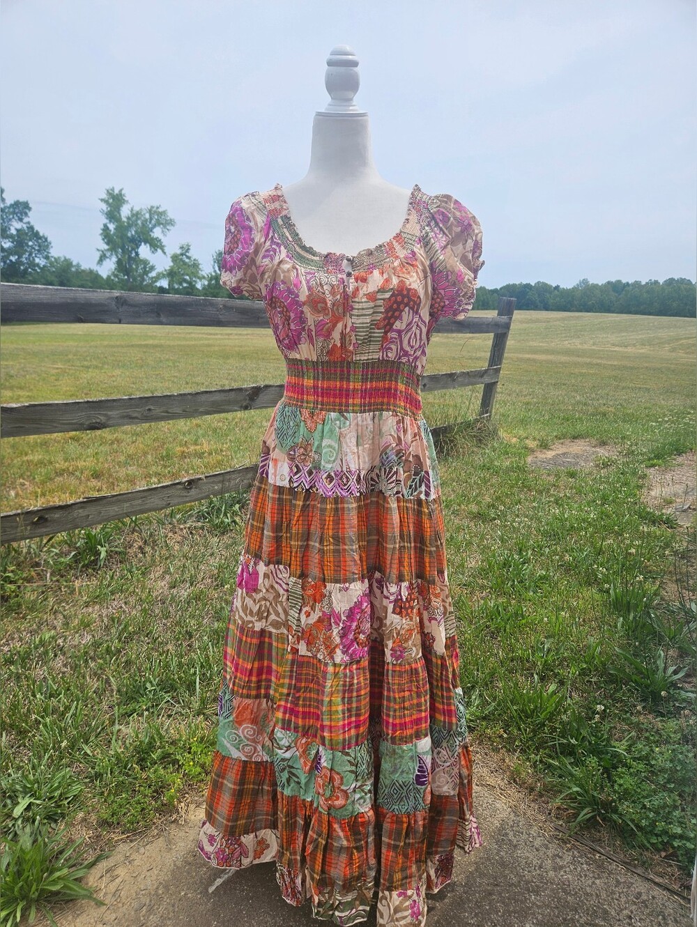 Vintage 90's BILA Patchwork Tierd Maxi Dress Cotton BOHO Large